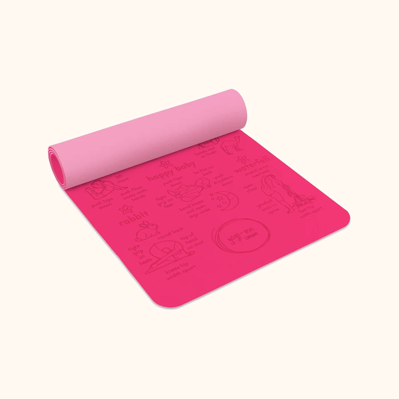 Freedom Flow kids' yoga mat in pink: The mat part-rolled, showing its thickness and the grey underside