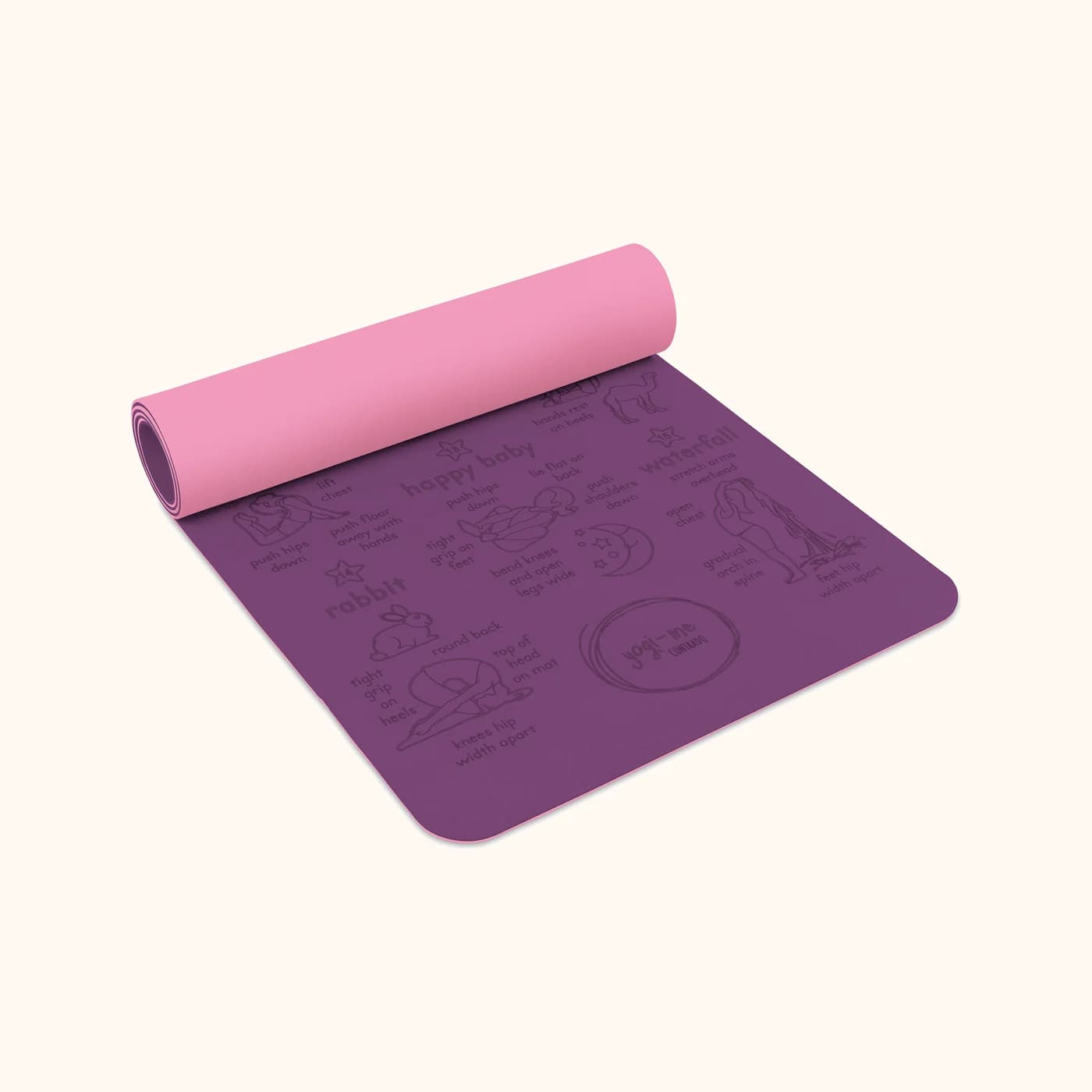 Freedom Flow kids' yoga mat in purple: The mat part-rolled, showing its thickness and the grey underside