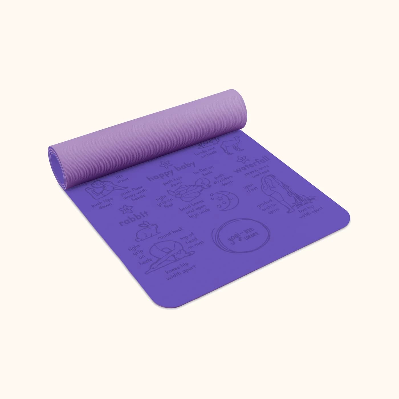 Freedom Flow kids' yoga mat in violet: The mat part-rolled, showing its thickness and the grey underside