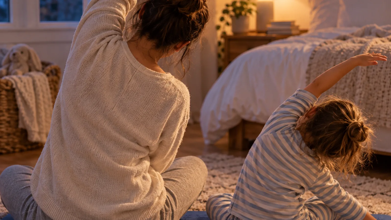 A parent and child folding forward together on a Yogi-Me mat in a softly lit bedroom