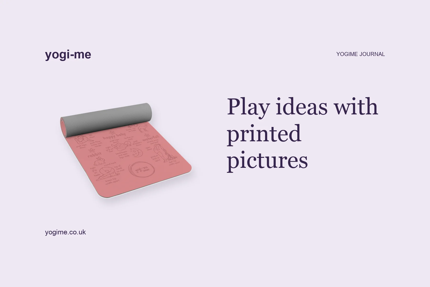 A card reading "Play ideas with printed pictures" beside a peach Yogi-Me mat