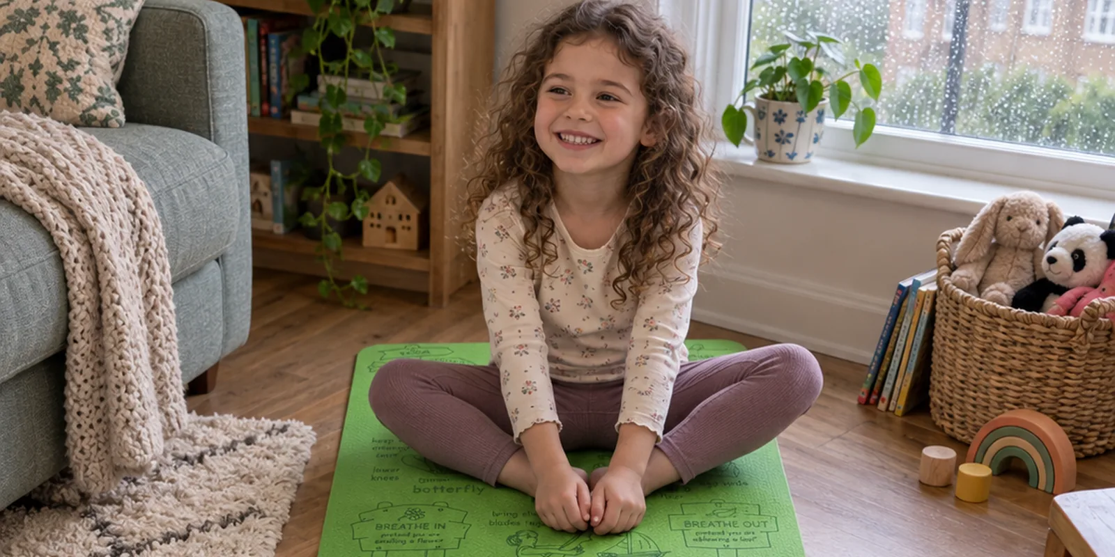 A girl sits in butterfly pose at the top of a green Yogi-Me mat engraved with numbered poses, toys and books around the room