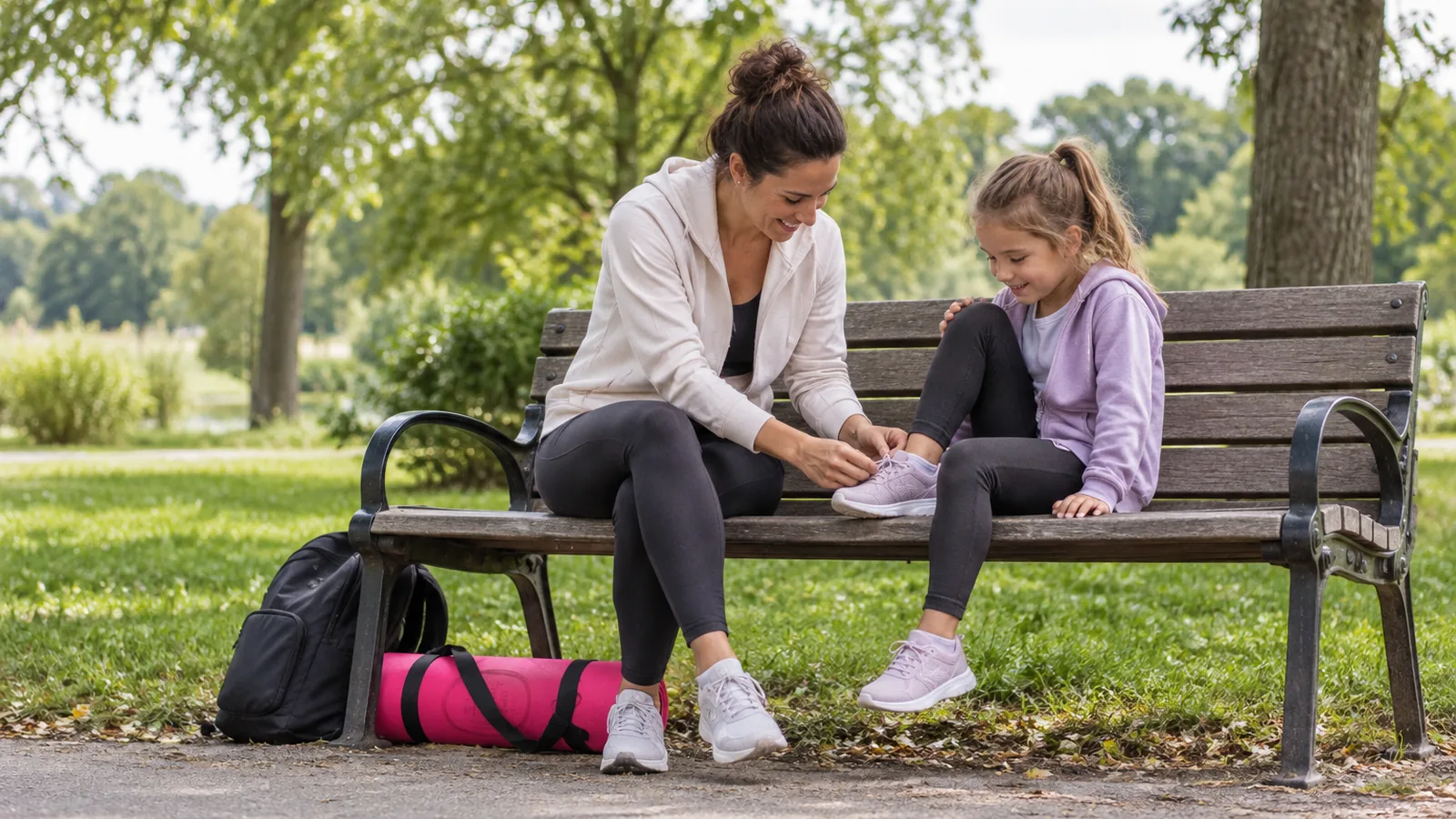 A parent and child on a park bench, a rolled Yogi-Me mat beside them