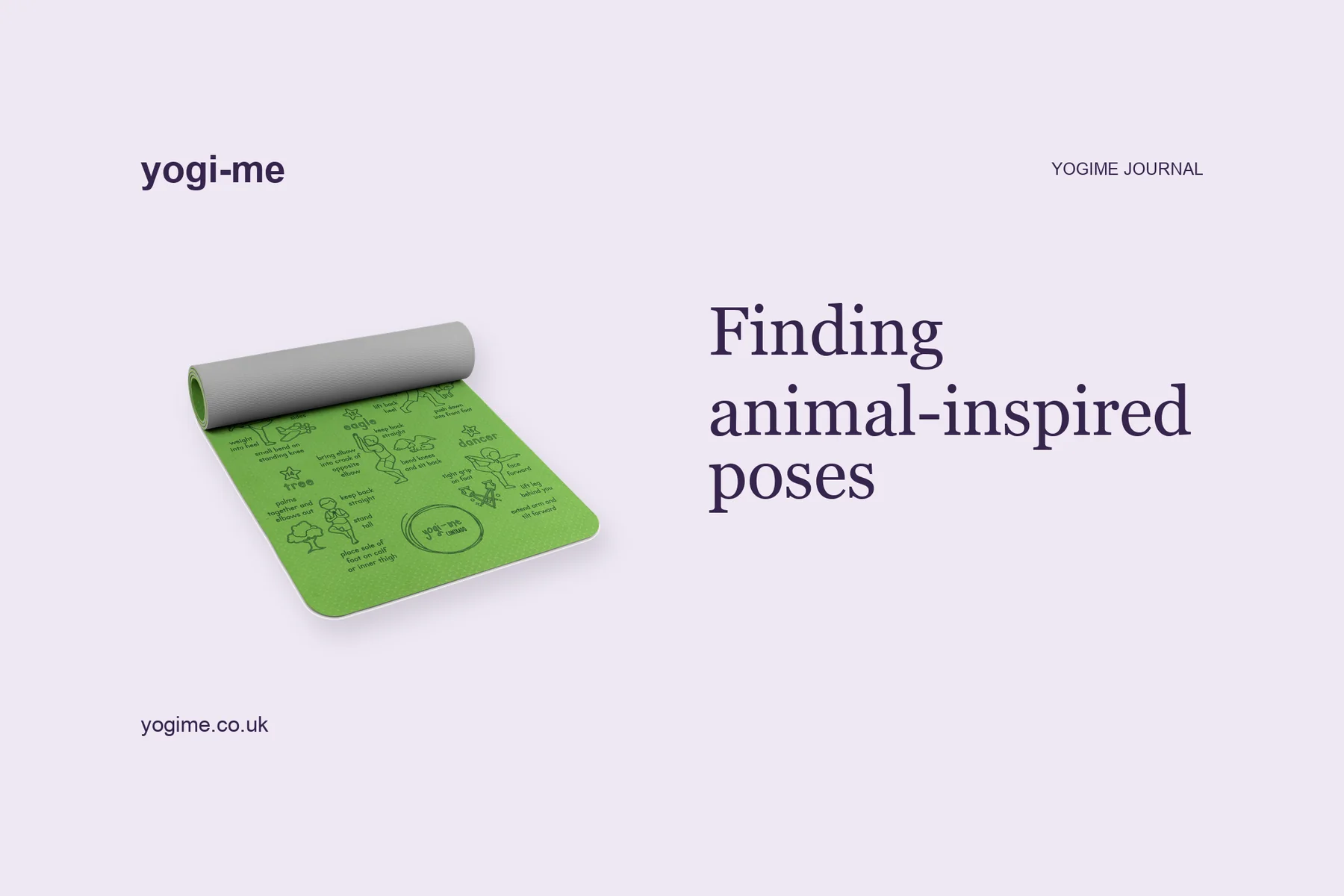 A card reading "Finding animal-inspired poses" beside a rolled green Yogi-Me mat