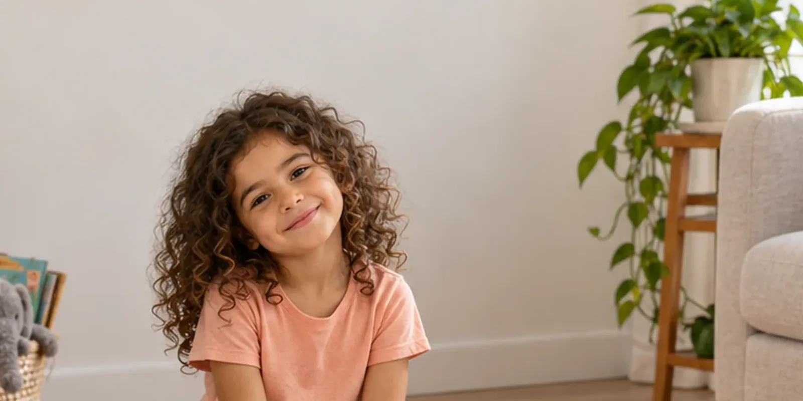 A smiling young child with curly hair sits cross-legged in a bright living room with plants and a reading basket