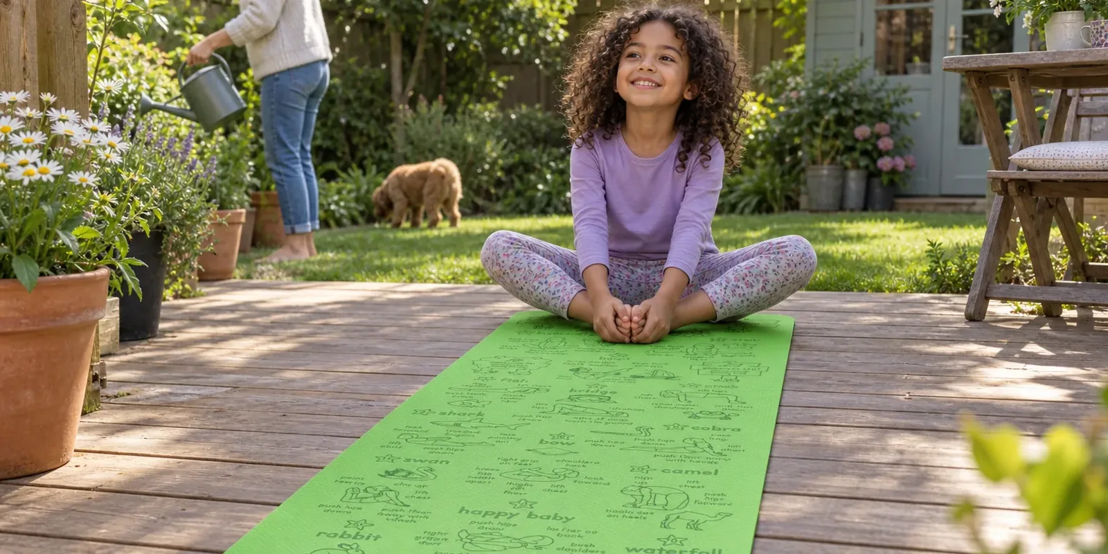 A smiling girl sits in butterfly pose on a green Yogi-Me mat on garden decking while an adult waters the plants behind her