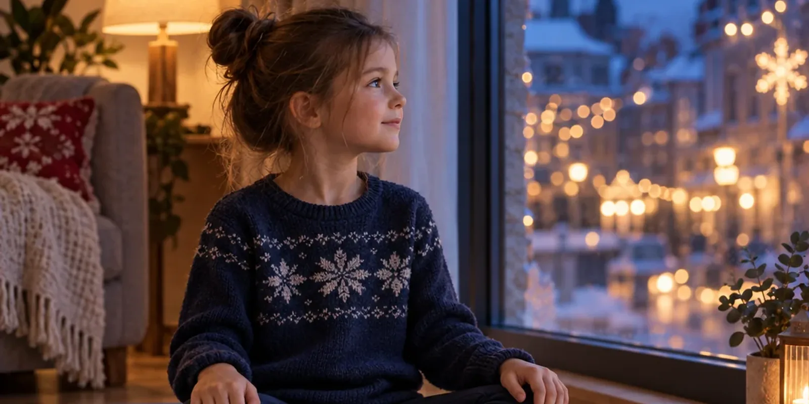 A girl in a snowflake jumper sits cross-legged by a window at night, looking out at Christmas lights
