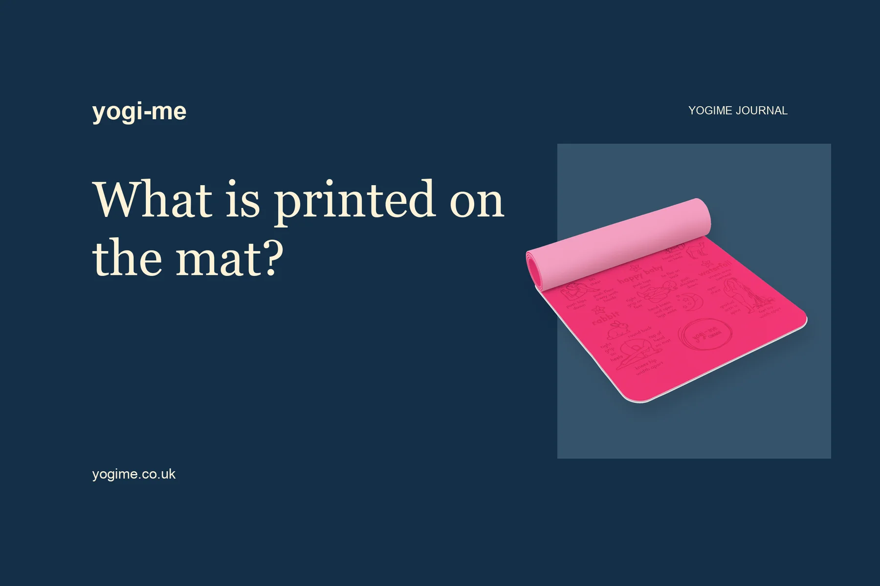 A card reading "What is printed on the mat?" beside a pink Yogi-Me mat