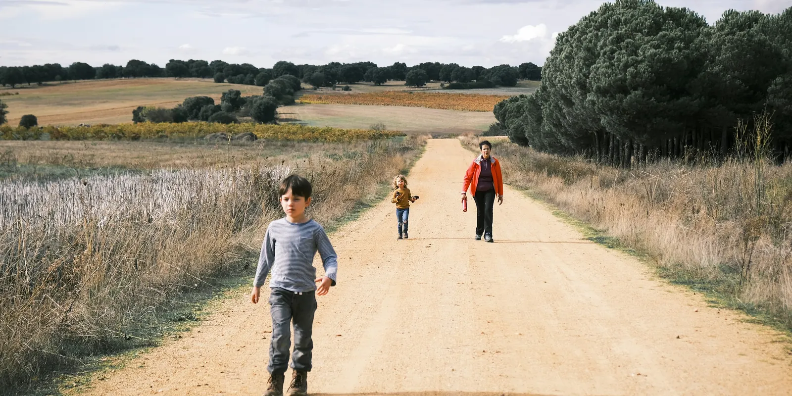A boy walks towards the camera along a long dirt track through farmland, a younger child and a woman following behind