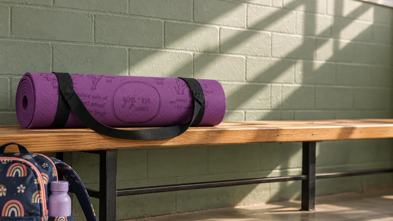 A rolled purple Yogi-Me mat resting on a bench against a painted brick wall