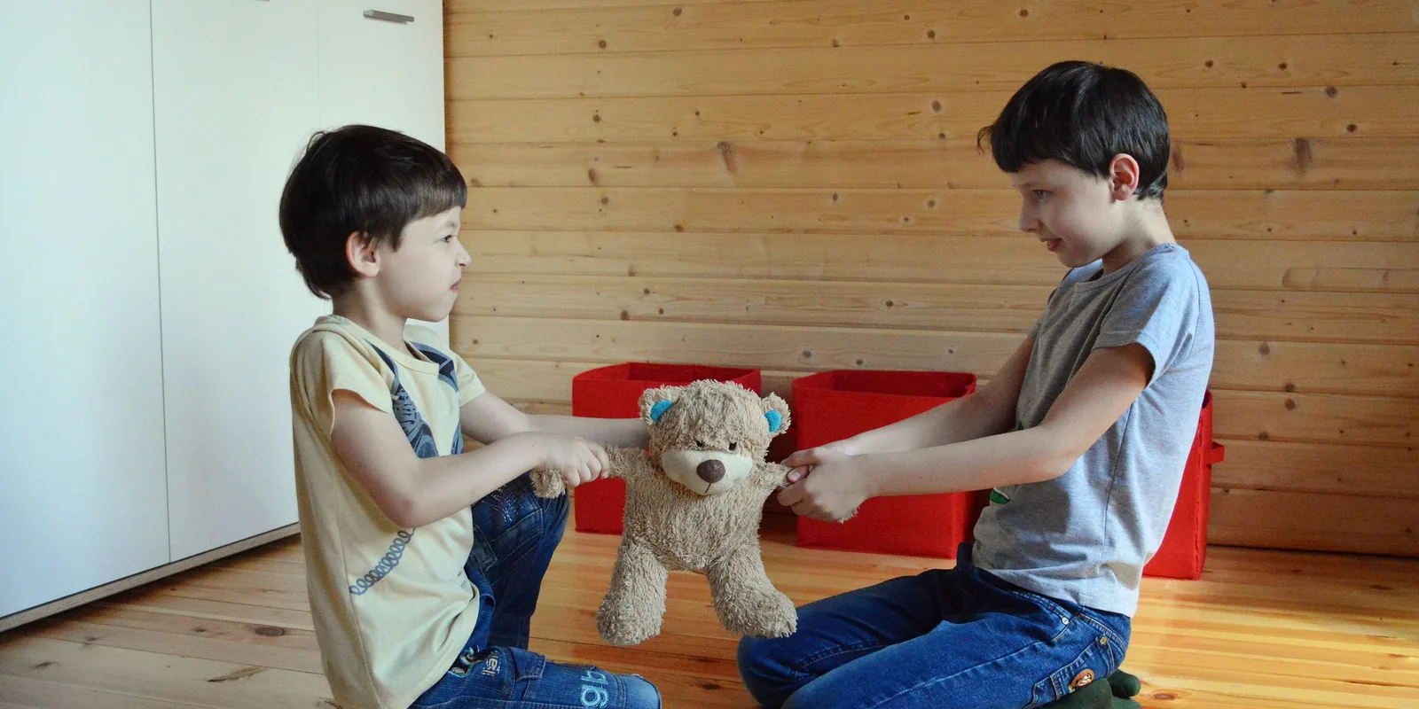 Two boys sit on the floor pulling a teddy bear between them