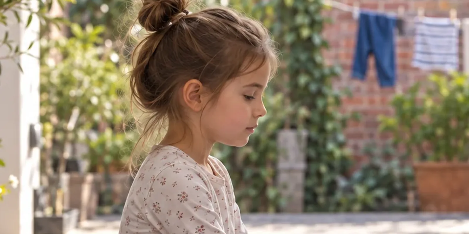 A girl sits cross-legged with her eyes lowered, calm and still, by an open door to a sunny courtyard