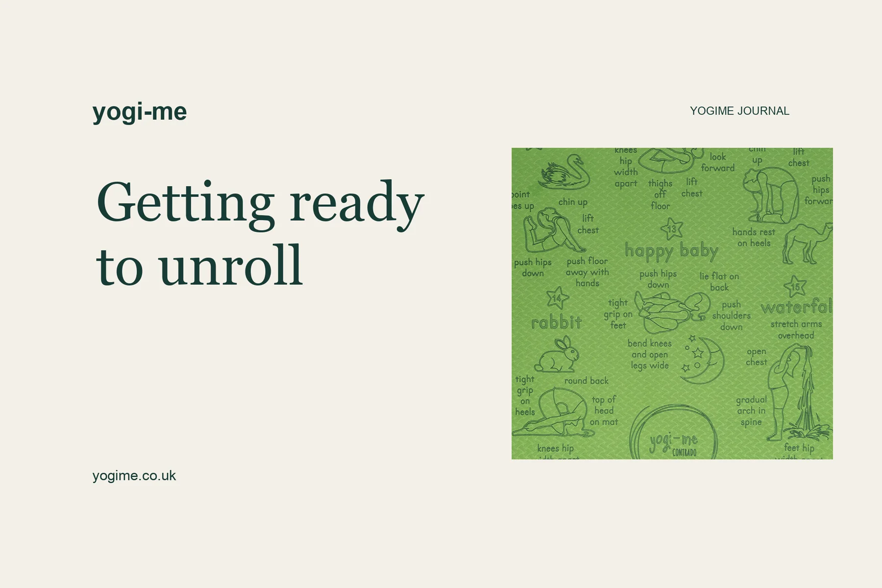 A card reading "Getting ready to unroll" beside a rolled green Yogi-Me mat
