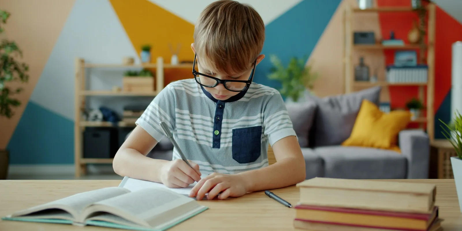 A boy in glasses writes in a notebook at a table, an open book and a pile of books beside him