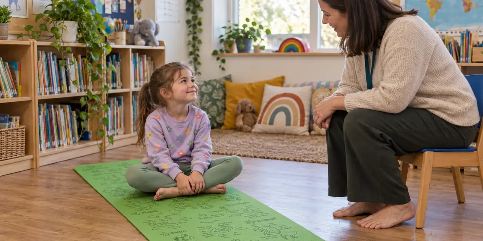 A young girl sits cross-legged on a green Yogi-Me mat in a nursery reading corner, smiling up at a practitioner on a low chair