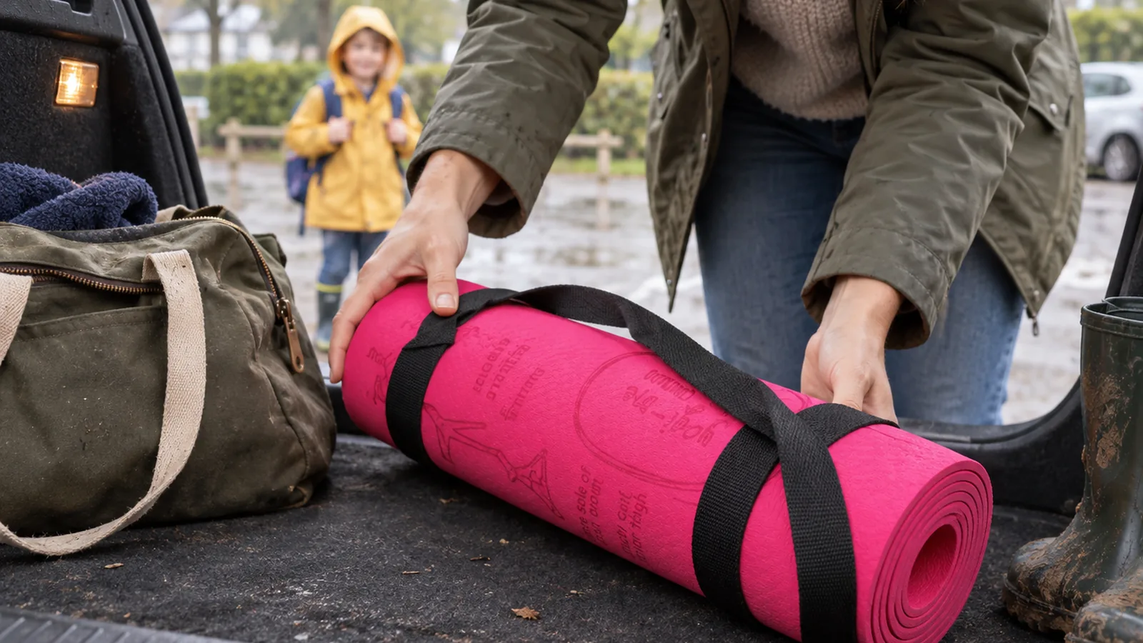 A rolled pink Yogi-Me mat being lifted into a car boot in the rain