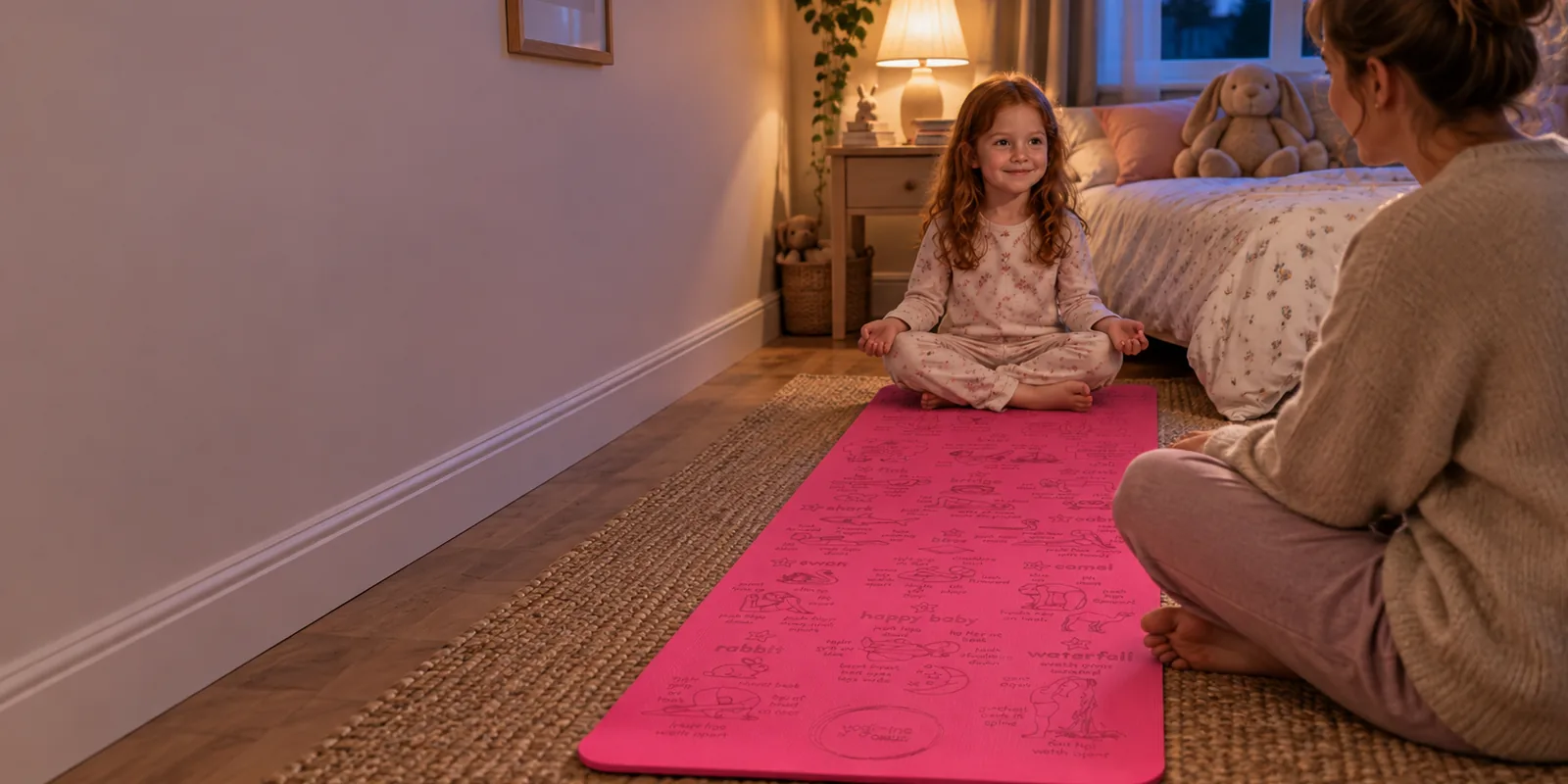 A girl sits cross-legged at the end of a pink Yogi-Me mat in a lamplit bedroom, an adult sitting quietly with her