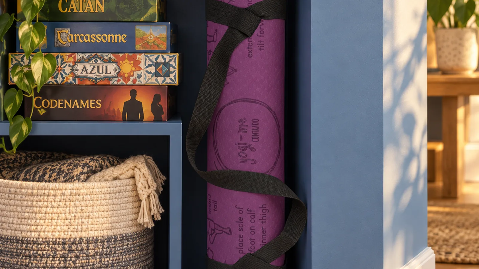 A rolled purple Yogi-Me mat stored on a playroom shelf beside board games