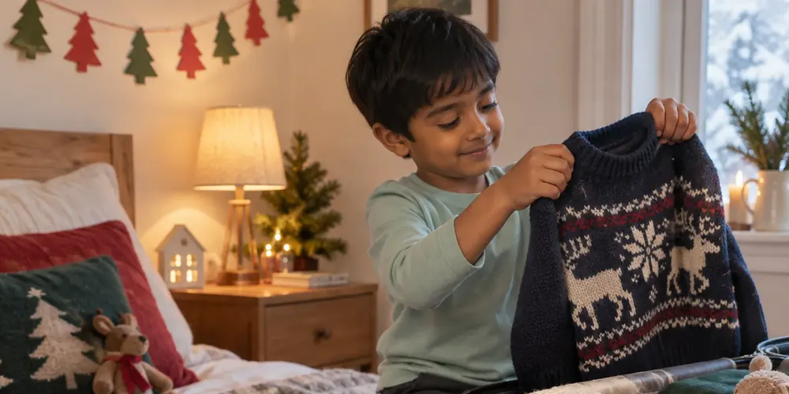A boy holds up a Christmas jumper to pack into a suitcase on his bed, paper trees strung on the wall behind him