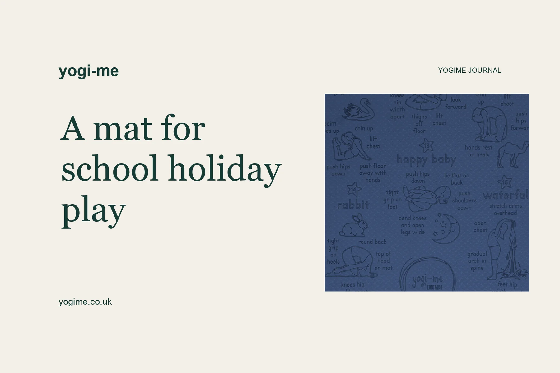 A card reading "A mat for school holiday play" beside a blue Yogi-Me mat
