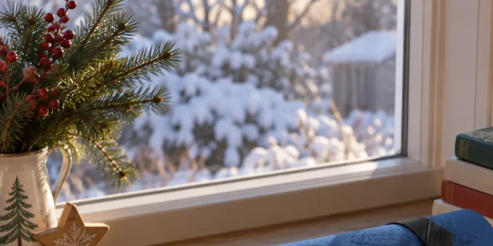 A festive windowsill with pine, berries and a wooden star in front of a snowy garden, the end of a rolled blue yoga mat in the corner