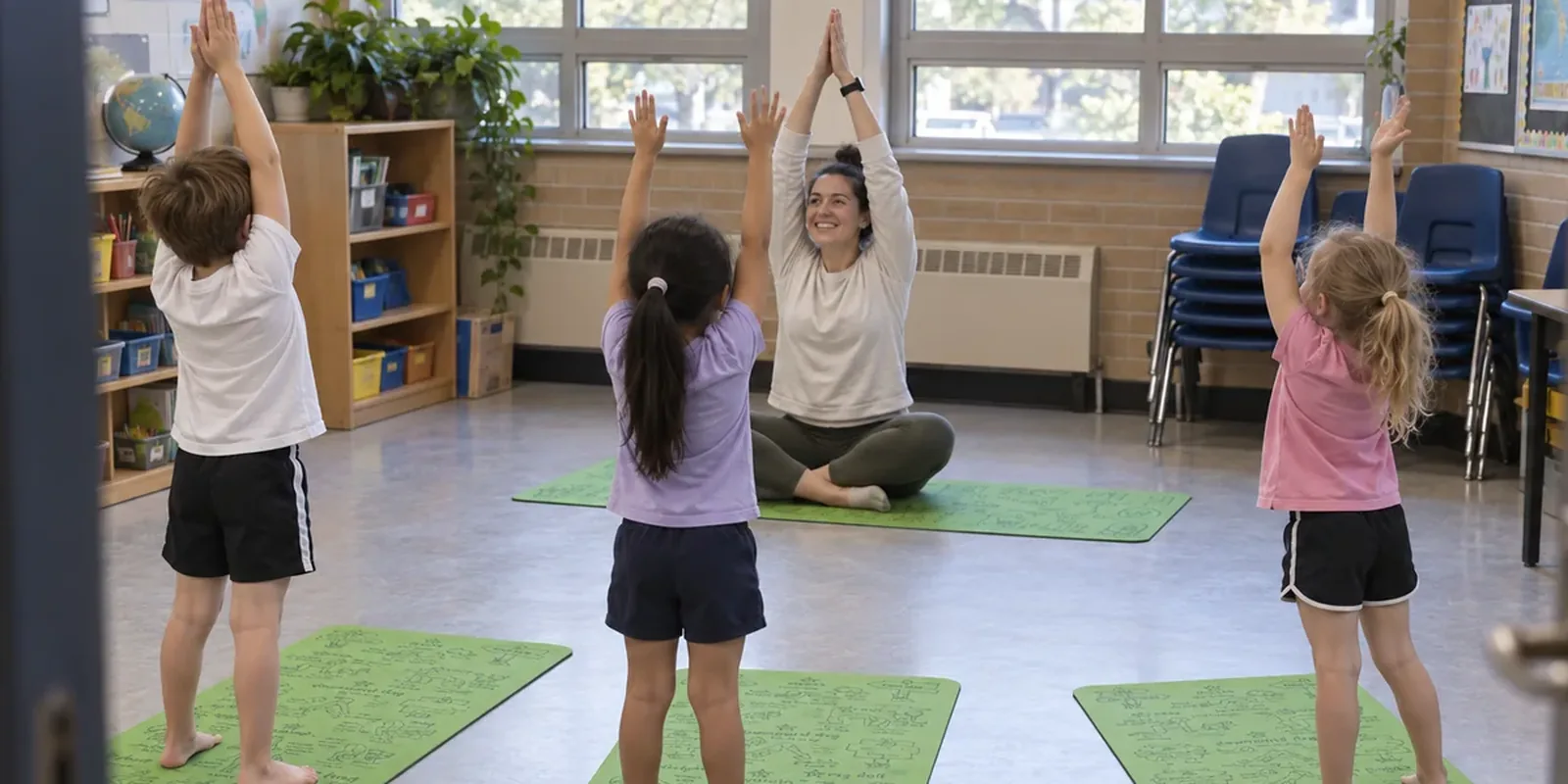 Three children stand on green Yogi-Me mats in a classroom, reaching both arms overhead as their teacher leads from the front