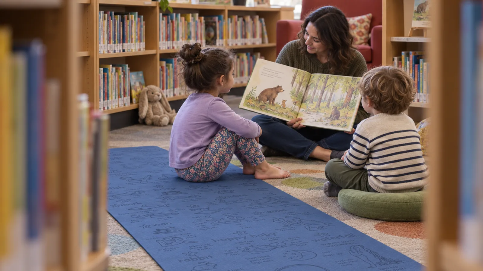 Two children sitting on a blue Yogi-Me mat while an adult reads to them in a library