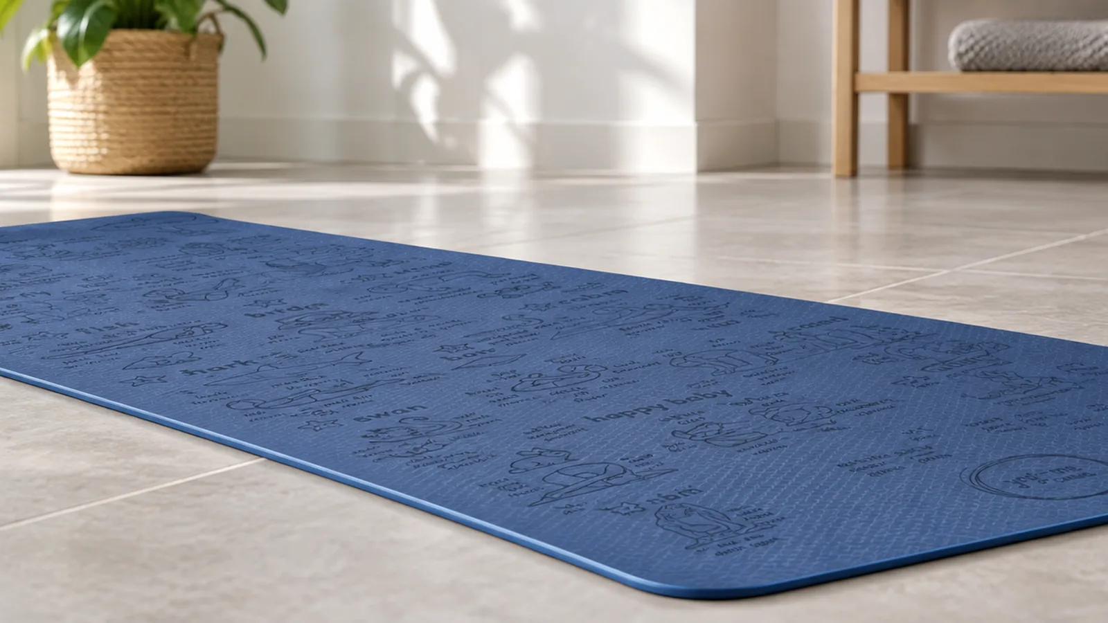 A blue Yogi-Me mat laid flat and clean on a tiled floor