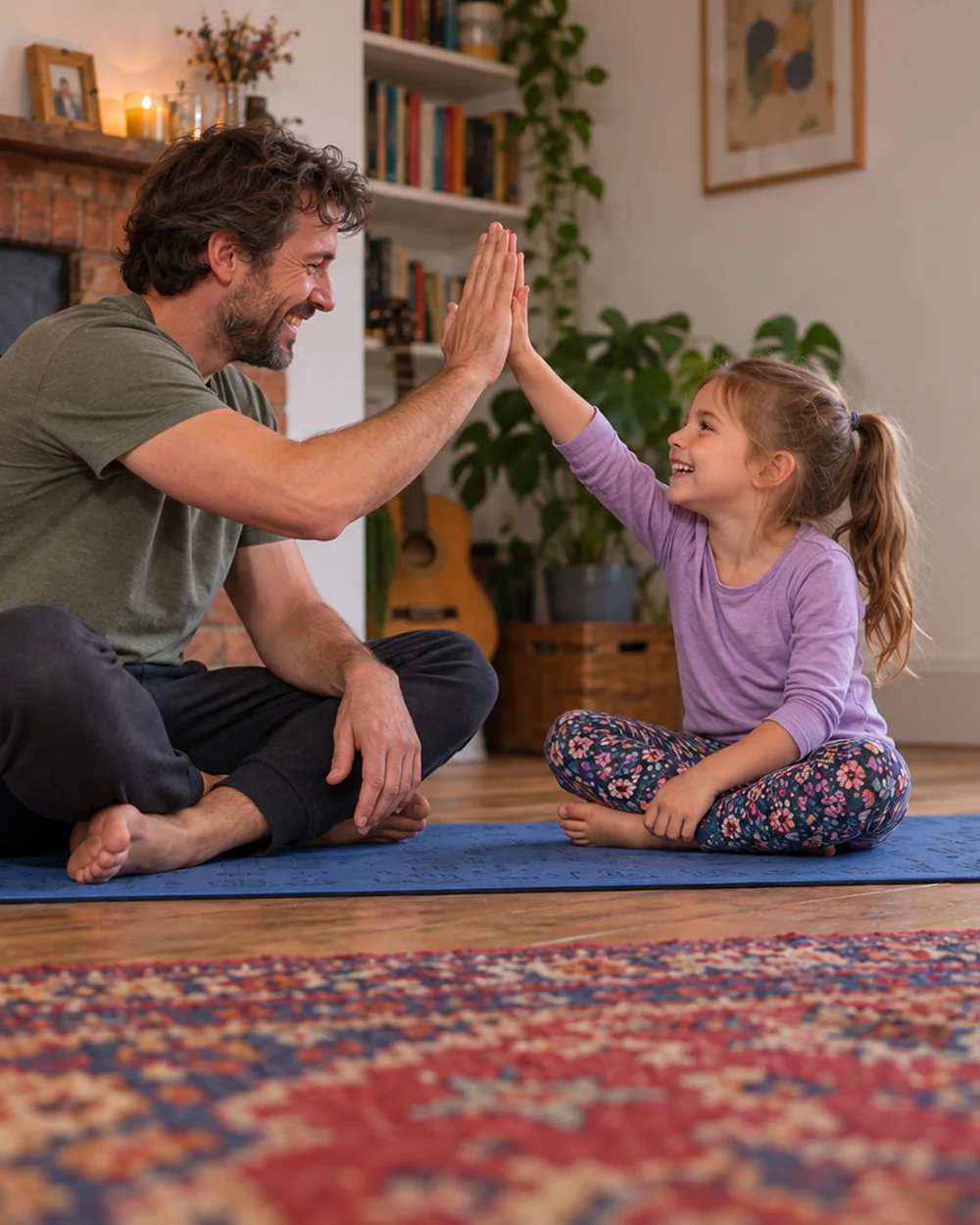 A father and daughter high-fiving on a blue Yogi-Me mat by the fireplace