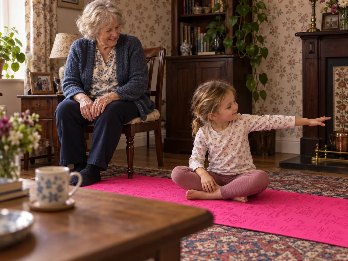 A grandmother watching from her chair as a child stretches on a pink Yogi-Me mat
