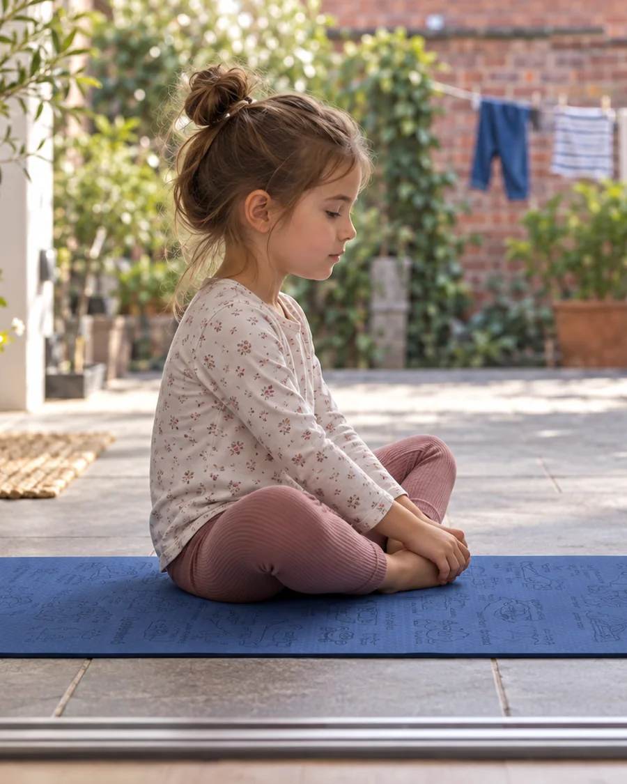 A child sitting in butterfly pose on a blue Yogi-Me mat, with the garden doors open behind them