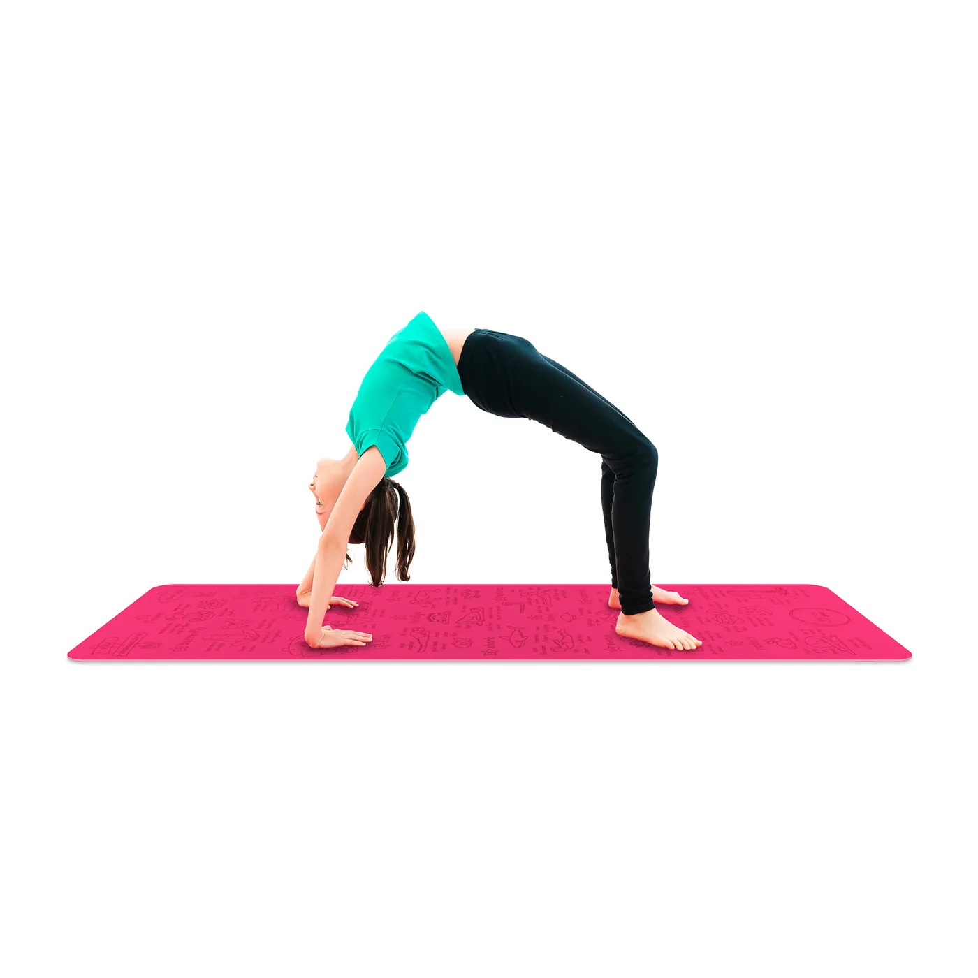 A child mid-pose on a pink Yogi-Me mat