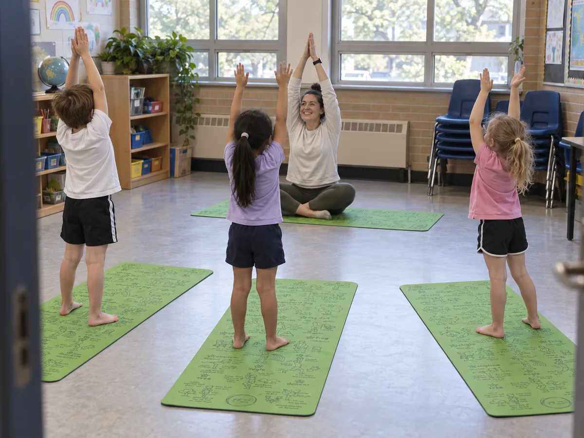 Three children following a standing pose on green Yogi-Me mats in a school hall, with a teacher