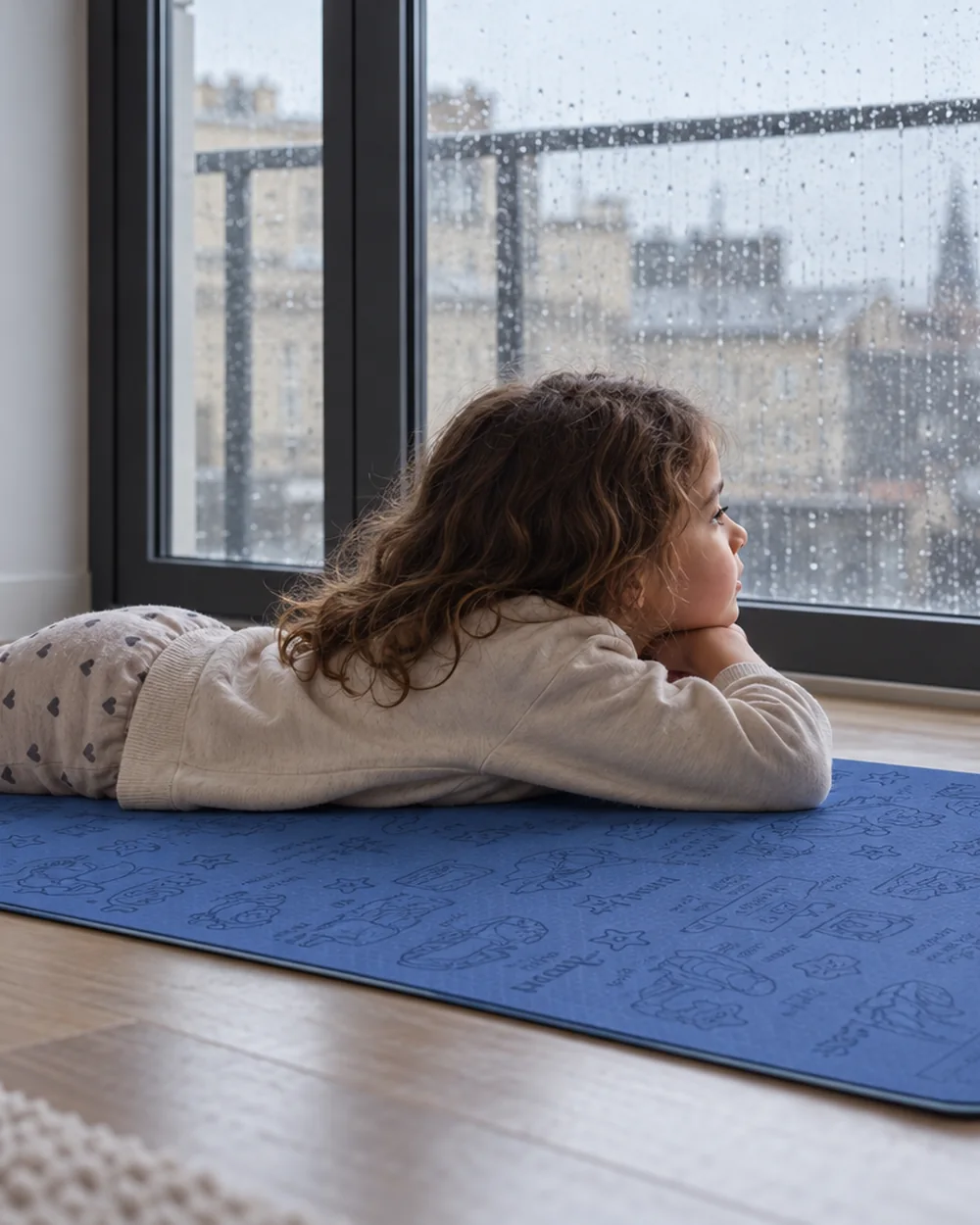 A child lying on a blue Yogi-Me mat, chin on hands, watching the rain through a window