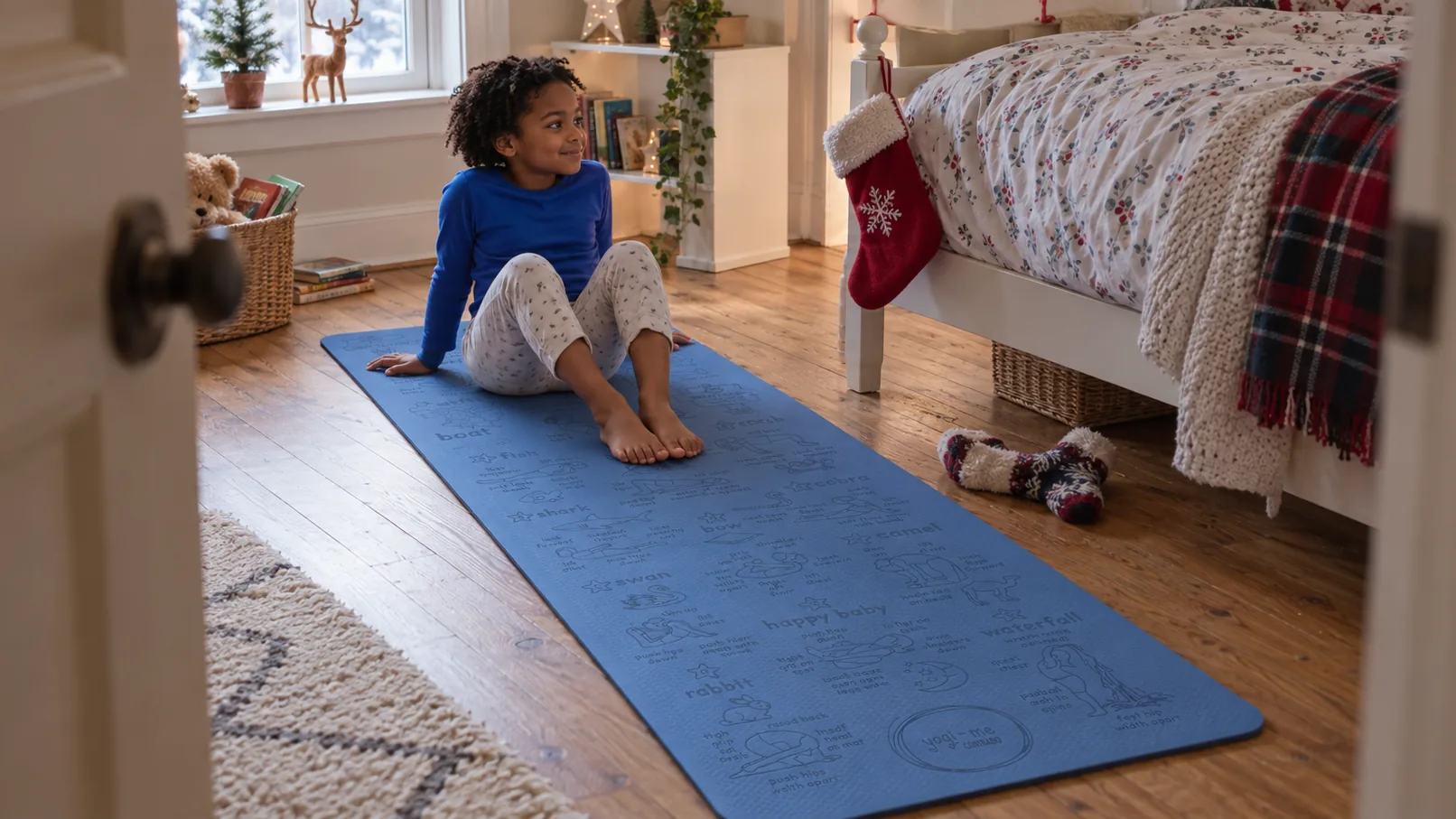 Child in pyjamas sits on a blue yoga mat engraved with poses, in a bedroom with a Christmas stocking hanging from the bed