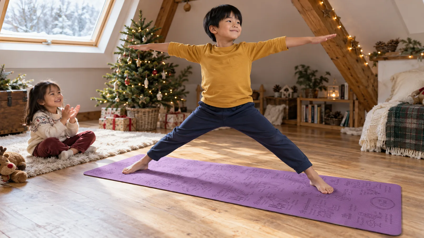 Boy standing with legs wide and arms out to the sides on a purple Yogi-Me mat engraved with poses, a girl clapping nearby