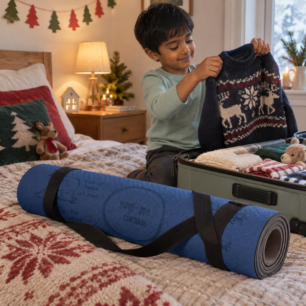 A young boy packs a Christmas jumper into a suitcase on a festive bed, beside a rolled blue yoga mat with a carry strap