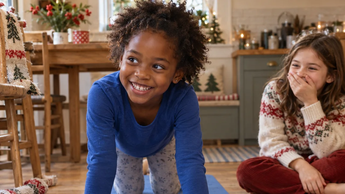 Two children doing yoga in a festive kitchen, one on all fours on a blue mat and one sitting and laughing