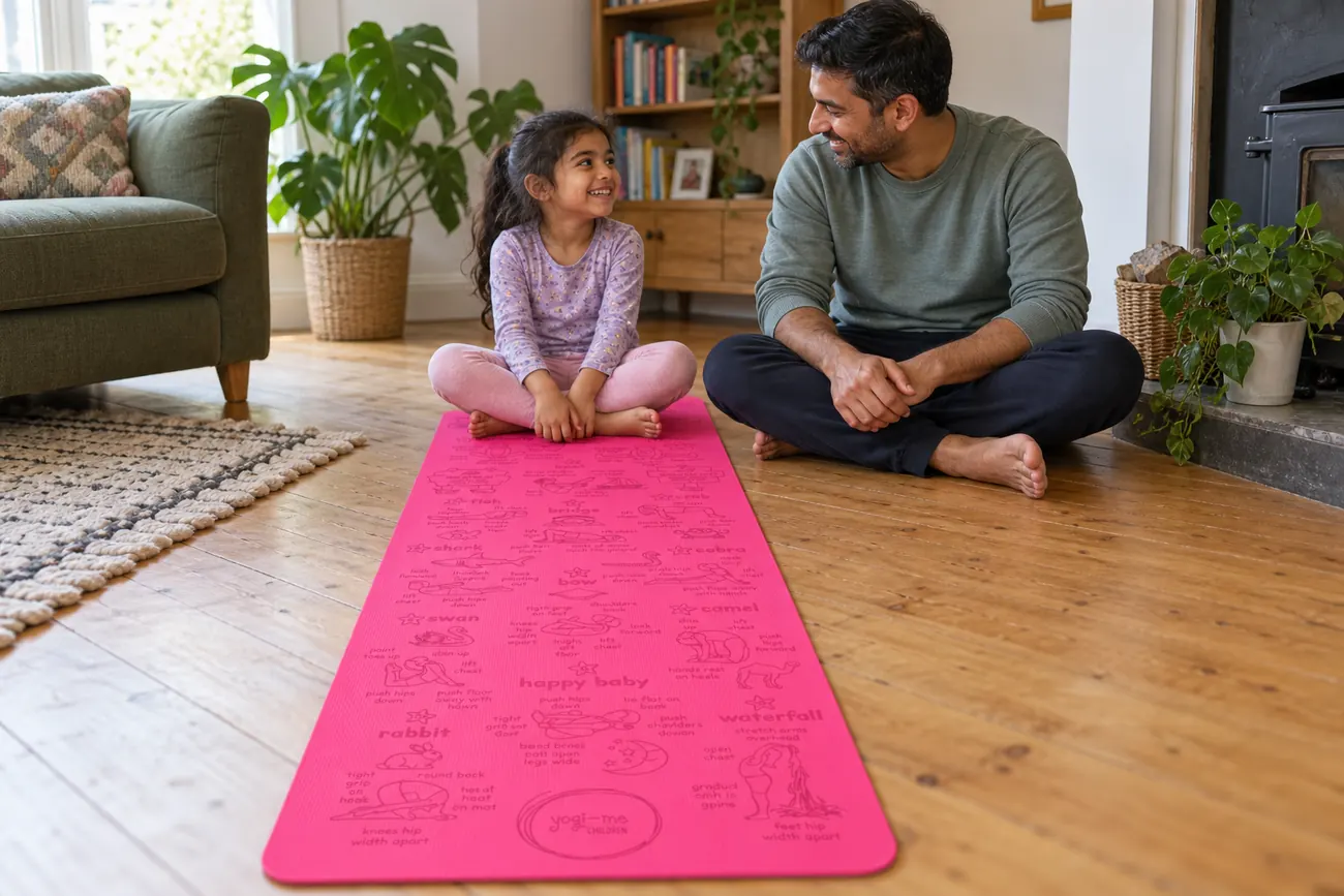Pink Freedom Flow kids' yoga mat with floor poses engraved, a girl sitting cross-legged at one end and a man beside it