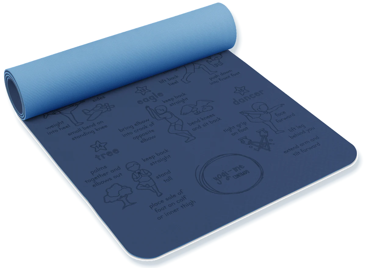 Blue Sun Salutation kids' yoga mat half unrolled, with the numbered tree, eagle and dancer poses showing