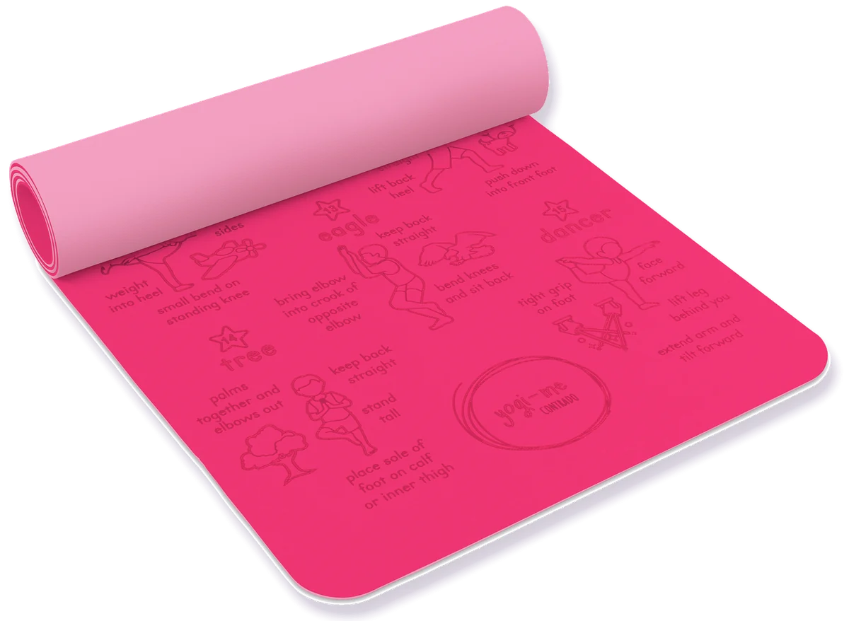 A pink Yogi-Me Sun Salutation mat, partly unrolled, showing engraved poses 13 eagle, 14 tree and 15 dancer with their cue words