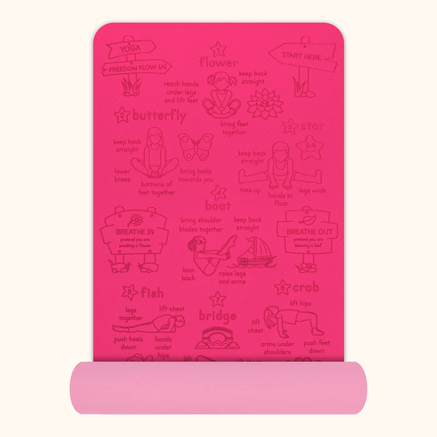 Freedom Flow kids' yoga mat in pink — The mat part-rolled, showing its thickness