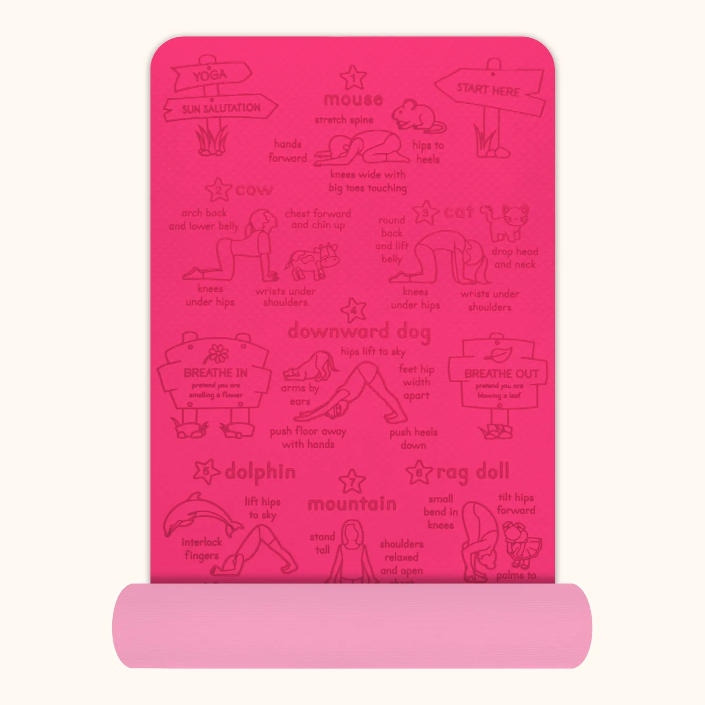 Pink kids' yoga mat — The full mat laid flat, showing all fifteen numbered poses