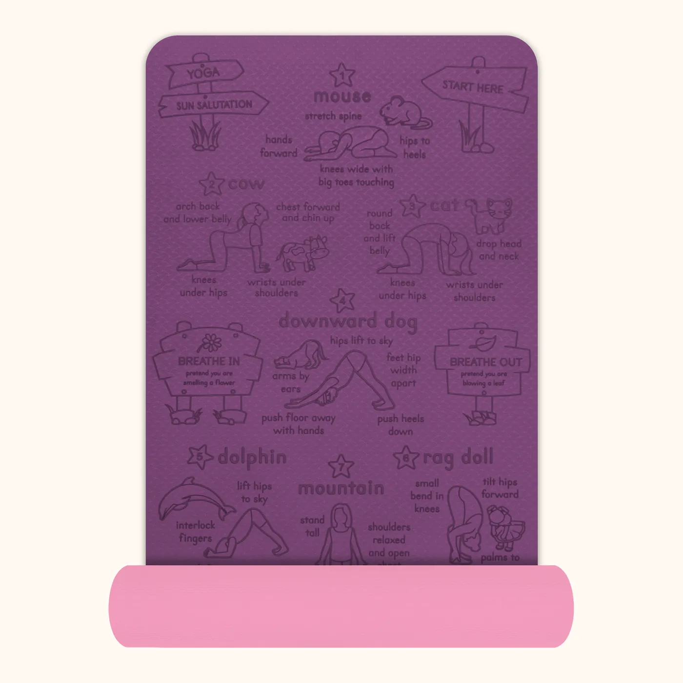 Purple kids' yoga mat — The full mat laid flat, showing all fifteen numbered poses