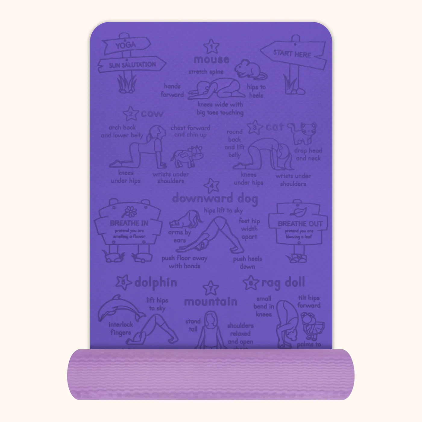 Violet kids' yoga mat — The full mat laid flat, showing all fifteen numbered poses